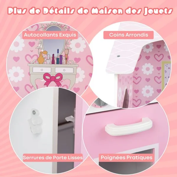 Maison de Poupées 2 en 1 avec Cuisine pour Enfant en Revers -9 Accessoires en Bois Rose