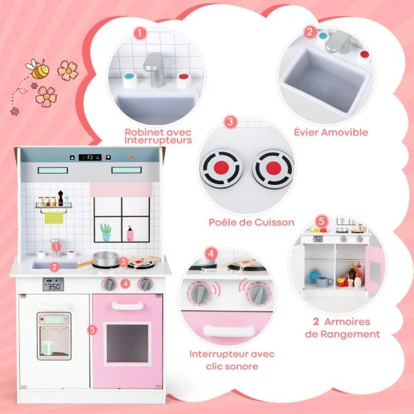 Maison de Poupées 2 en 1 avec Cuisine pour Enfant en Revers -9 Accessoires en Bois Rose