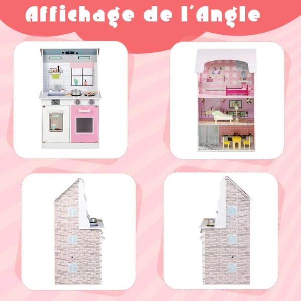 Maison de Poupées 2 en 1 avec Cuisine pour Enfant en Revers -9 Accessoires en Bois Rose