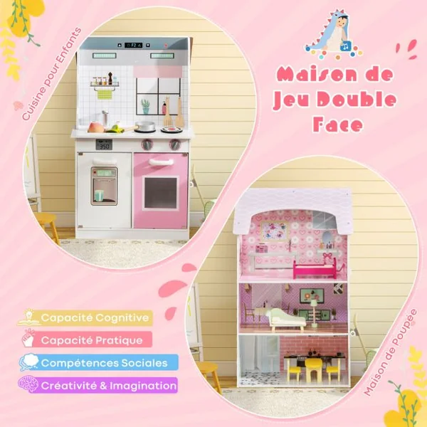 Maison de Poupées 2 en 1 avec Cuisine pour Enfant en Revers -9 Accessoires en Bois Rose