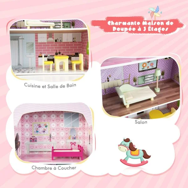 Maison de Poupées 2 en 1 avec Cuisine pour Enfant en Revers -9 Accessoires en Bois Rose