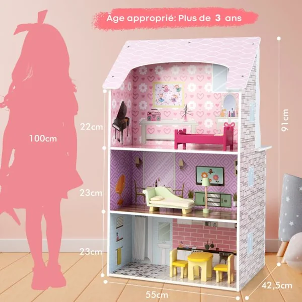 Maison de Poupées 2 en 1 avec Cuisine pour Enfant en Revers -9 Accessoires en Bois Rose