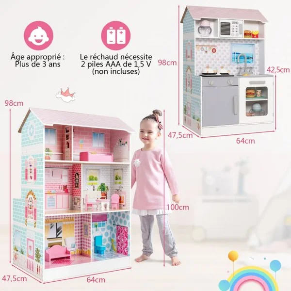 Maison de Poupées 2en1 avec Cuisine Enfants - 8 Accessoires Son Lumières 3 Étages pour Enfants dès 3 Ans Rose