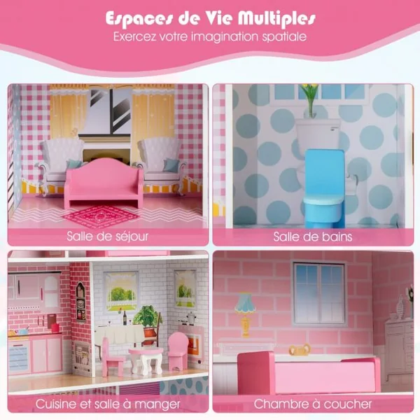 Maison de Poupées 2en1 avec Cuisine Enfants - 8 Accessoires Son Lumières 3 Étages pour Enfants dès 3 Ans Rose