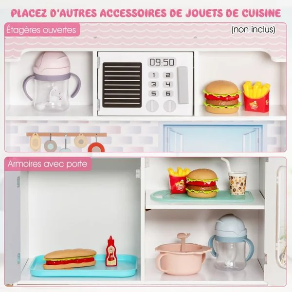 Maison de Poupées 2en1 avec Cuisine Enfants - 8 Accessoires Son Lumières 3 Étages pour Enfants dès 3 Ans Rose