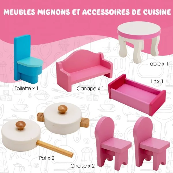 Maison de Poupées 2en1 avec Cuisine Enfants - 8 Accessoires Son Lumières 3 Étages pour Enfants dès 3 Ans Rose