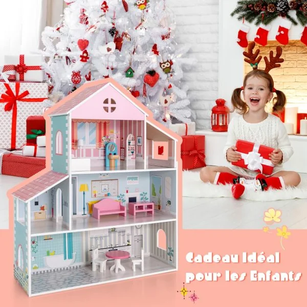 Maison de Poupées en Bois 8 Meubles 71 x 23,5 x 87 CM Cadeau pour Enfant de 3 à 7 Ans Multicolore
