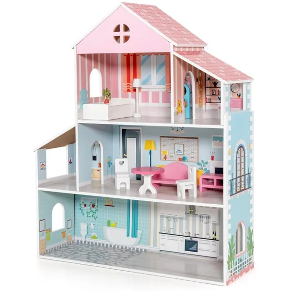Maison de Poupées en Bois 8 Meubles 71 x 23,5 x 87 CM Cadeau pour Enfant de 3 à 7 Ans Multicolore