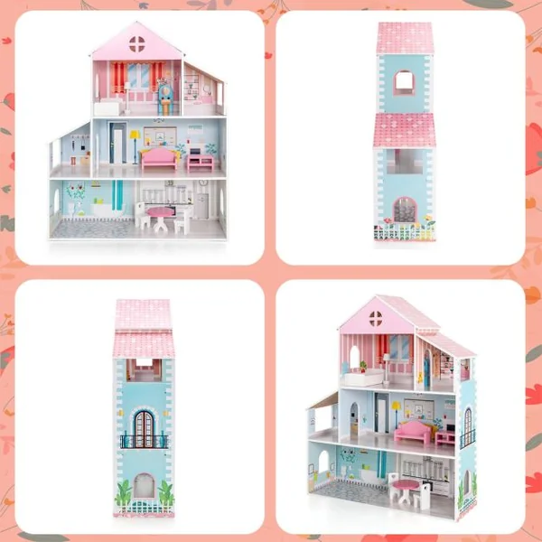 Maison de Poupées en Bois 8 Meubles 71 x 23,5 x 87 CM Cadeau pour Enfant de 3 à 7 Ans Multicolore