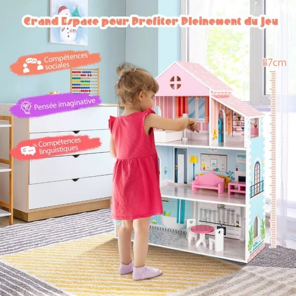 Maison de Poupées en Bois 8 Meubles 71 x 23,5 x 87 CM Cadeau pour Enfant de 3 à 7 Ans Multicolore