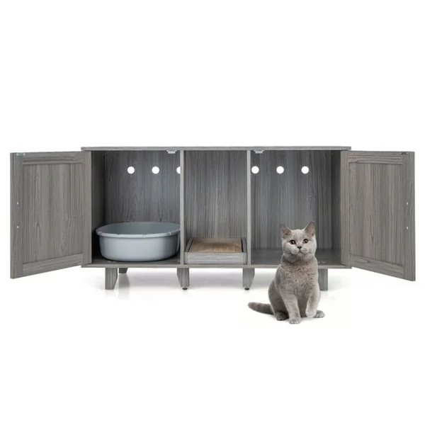 Maison de Toilette pour Chat 2 Portes Planche à Gratter Amovible Meuble Bac à Litière pour Chat 2 Compartiments 5 Couleurs au Choix