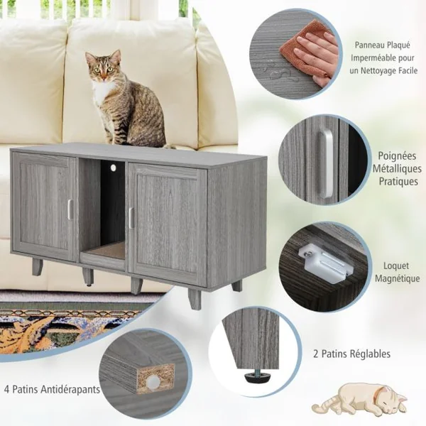 Maison de Toilette pour Chat 2 Portes Planche à Gratter Amovible Meuble Bac à Litière pour Chat 2 Compartiments 5 Couleurs au Choix