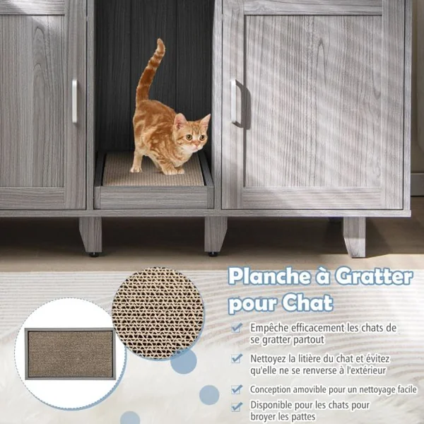 Maison de Toilette pour Chat 2 Portes Planche à Gratter Amovible Meuble Bac à Litière pour Chat 2 Compartiments 5 Couleurs au Choix