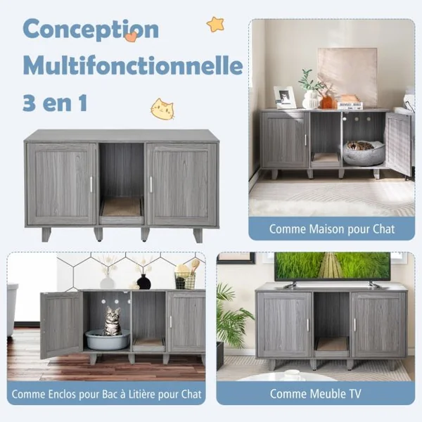 Maison de Toilette pour Chat 2 Portes Planche à Gratter Amovible Meuble Bac à Litière pour Chat 2 Compartiments 5 Couleurs au Choix