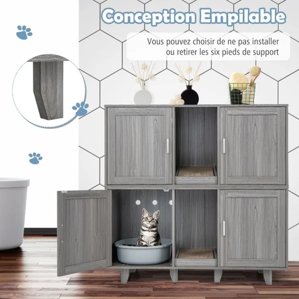 Maison de Toilette pour Chat 2 Portes Planche à Gratter Amovible Meuble Bac à Litière pour Chat 2 Compartiments 5 Couleurs au Choix