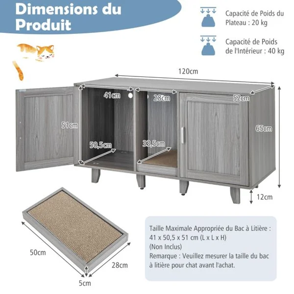 Maison de Toilette pour Chat 2 Portes Planche à Gratter Amovible Meuble Bac à Litière pour Chat 2 Compartiments 5 Couleurs au Choix