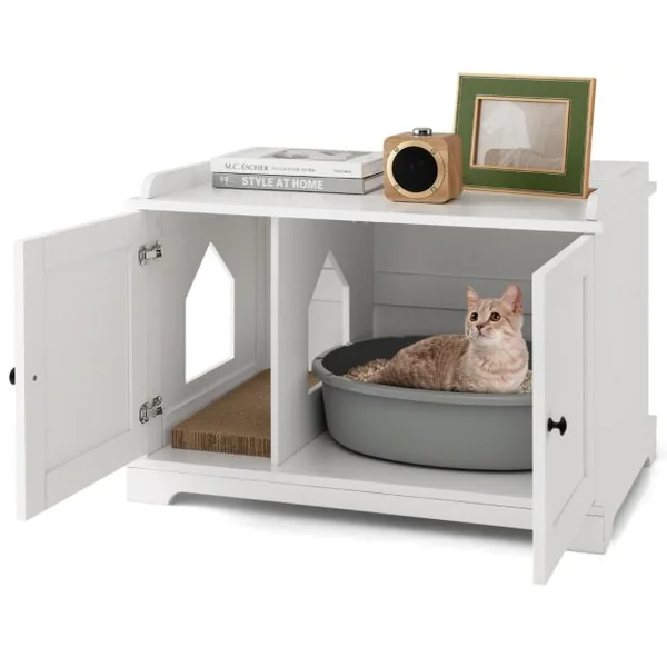 Maison de Toilette pour Chat avec 2 Portes Meuble Bac à Litière avec Griffoir pour Chat et Entrée Latérale 75x51x53 CM