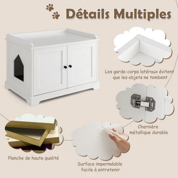 Maison de Toilette pour Chat avec 2 Portes Meuble Bac à Litière avec Griffoir pour Chat et Entrée Latérale 75x51x53 CM