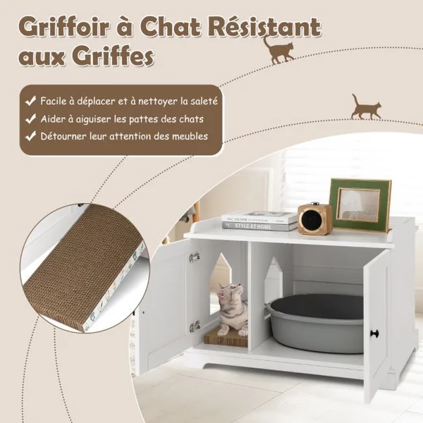 Maison de Toilette pour Chat avec 2 Portes Meuble Bac à Litière avec Griffoir pour Chat et Entrée Latérale 75x51x53 CM