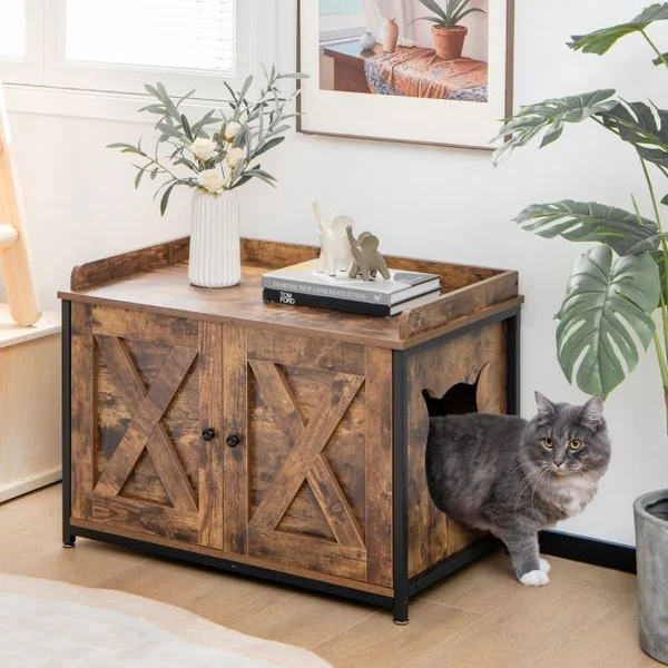 Maison de Toilette pour Chat avec Double Porte Meuble à Litière en Bois Entrée Latérale 80 x 50 x 58 cm Marron