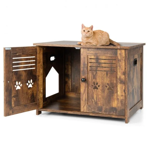 Maison de Toilette pour Chat Double Porte, 70 x 51,5 x 50 cm Trous d’Aérations sur Côté Brun Rustique