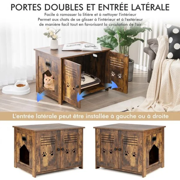 Maison de Toilette pour Chat Double Porte, 70 x 51,5 x 50 cm Trous d’Aérations sur Côté Brun Rustique