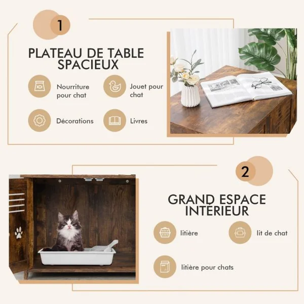 Maison de Toilette pour Chat Double Porte, 70 x 51,5 x 50 cm Trous d’Aérations sur Côté Brun Rustique