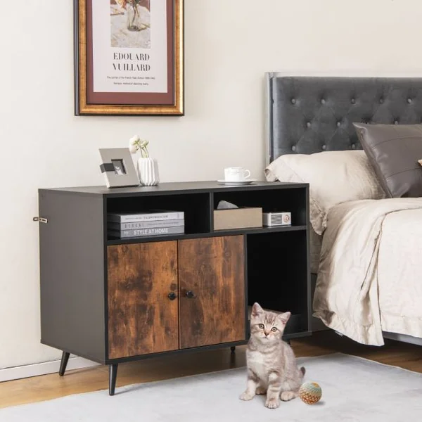 Maison de Toilette pour Chat Industriel avec Griffoir 90x50x70cm Meuble à Litière avec 2 portes Dispositif anti-basculement
