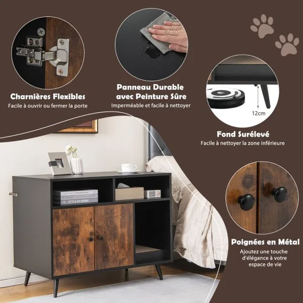 Maison de Toilette pour Chat Industriel avec Griffoir 90x50x70cm Meuble à Litière avec 2 portes Dispositif anti-basculement