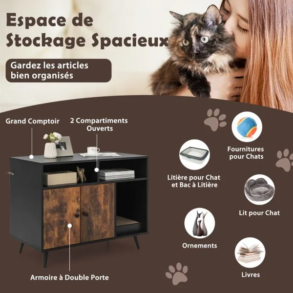 Maison de Toilette pour Chat Industriel avec Griffoir 90x50x70cm Meuble à Litière avec 2 portes Dispositif anti-basculement