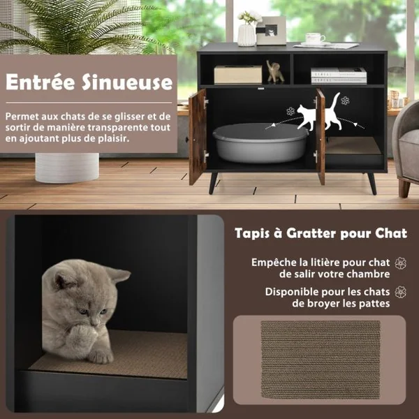 Maison de Toilette pour Chat Industriel avec Griffoir 90x50x70cm Meuble à Litière avec 2 portes Dispositif anti-basculement