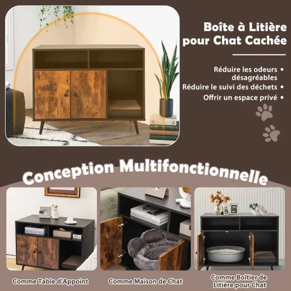 Maison de Toilette pour Chat Industriel avec Griffoir 90x50x70cm Meuble à Litière avec 2 portes Dispositif anti-basculement