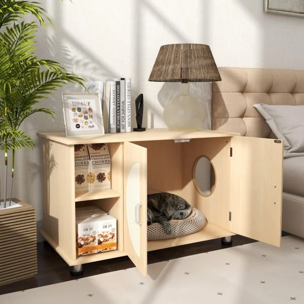 Maison de Toilette pour Chat Portes à Gratter en Sisal Pieds en Métal Réglables 2 Compartiments Bac à Litière pour Chat Naturel