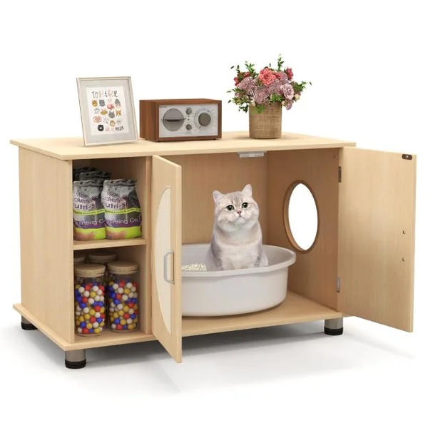 Maison de Toilette pour Chat Portes à Gratter en Sisal Pieds en Métal Réglables 2 Compartiments Bac à Litière pour Chat Naturel