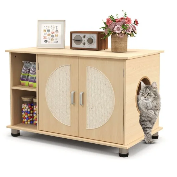 Maison de Toilette pour Chat Portes à Gratter en Sisal Pieds en Métal Réglables 2 Compartiments Bac à Litière pour Chat Naturel