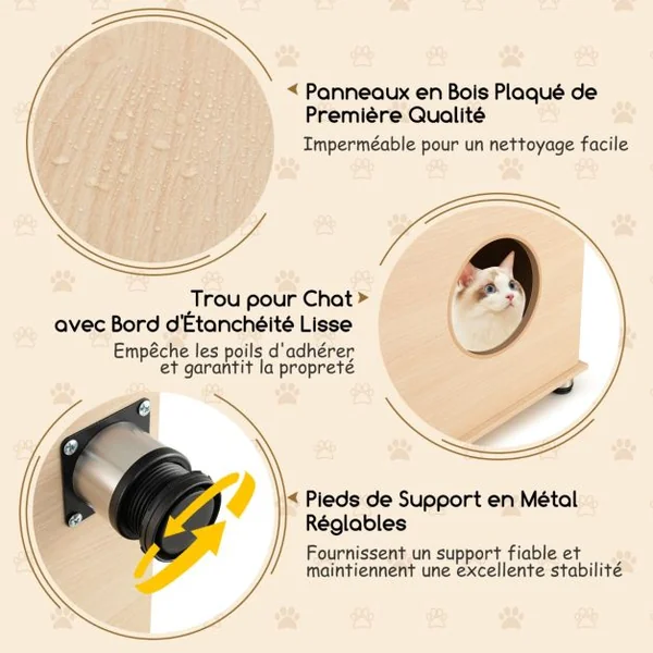 Maison de Toilette pour Chat Portes à Gratter en Sisal Pieds en Métal Réglables 2 Compartiments Bac à Litière pour Chat Naturel