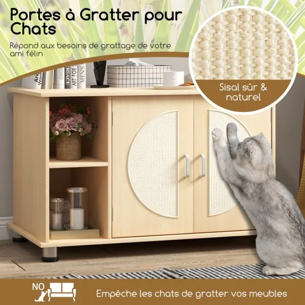 Maison de Toilette pour Chat Portes à Gratter en Sisal Pieds en Métal Réglables 2 Compartiments Bac à Litière pour Chat Naturel