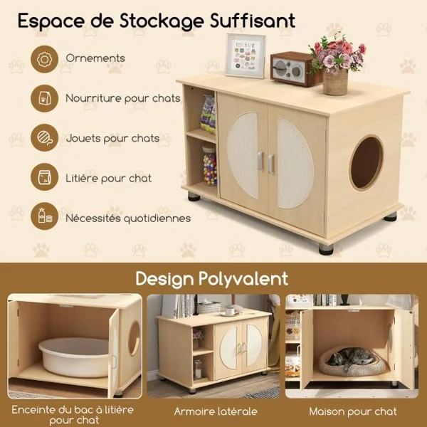Maison de Toilette pour Chat Portes à Gratter en Sisal Pieds en Métal Réglables 2 Compartiments Bac à Litière pour Chat Naturel