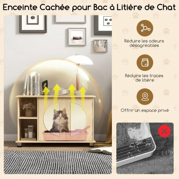 Maison de Toilette pour Chat Portes à Gratter en Sisal Pieds en Métal Réglables 2 Compartiments Bac à Litière pour Chat Naturel