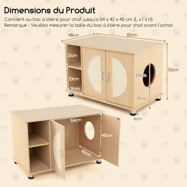 Maison de Toilette pour Chat Portes à Gratter en Sisal Pieds en Métal Réglables 2 Compartiments Bac à Litière pour Chat Naturel