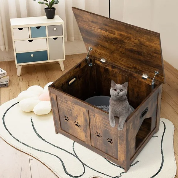 Maison de Toilette pour Chat à Couvercle Rabattable Meubles à Litière avec Entrée Latérale et 2 Poignées Découpées