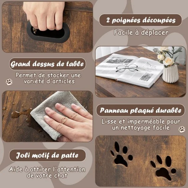 Maison de Toilette pour Chat à Couvercle Rabattable Meubles à Litière avec Entrée Latérale et 2 Poignées Découpées
