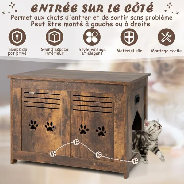 Maison de Toilette pour Chat à Couvercle Rabattable Meubles à Litière avec Entrée Latérale et 2 Poignées Découpées
