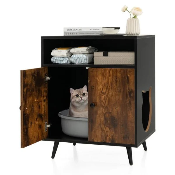 Maison de Toilette pour Chat à Double Portes 60x45x75 CM Meuble/Bac à Litière 2 Niveaux avec Dispositif Anti-basculement