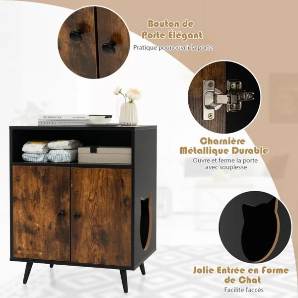 Maison de Toilette pour Chat à Double Portes 60x45x75 CM Meuble/Bac à Litière 2 Niveaux avec Dispositif Anti-basculement