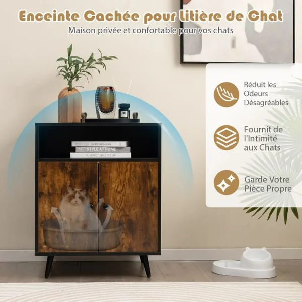 Maison de Toilette pour Chat à Double Portes 60x45x75 CM Meuble/Bac à Litière 2 Niveaux avec Dispositif Anti-basculement
