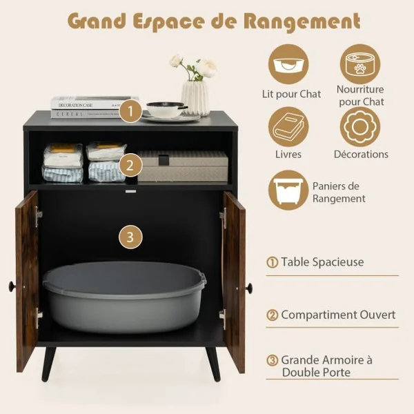 Maison de Toilette pour Chat à Double Portes 60x45x75 CM Meuble/Bac à Litière 2 Niveaux avec Dispositif Anti-basculement