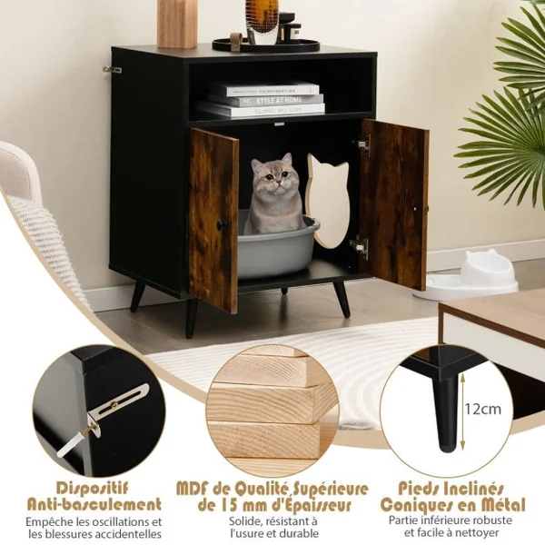 Maison de Toilette pour Chat à Double Portes 60x45x75 CM Meuble/Bac à Litière 2 Niveaux avec Dispositif Anti-basculement