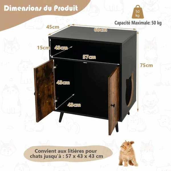 Maison de Toilette pour Chat à Double Portes 60x45x75 CM Meuble/Bac à Litière 2 Niveaux avec Dispositif Anti-basculement