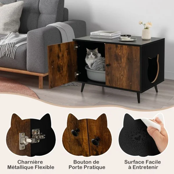 Maison de Toilette pour Chat à Double Portes 80x50x57 CM Meuble/Bac à Litière industriel avec Pieds de Support en Métal